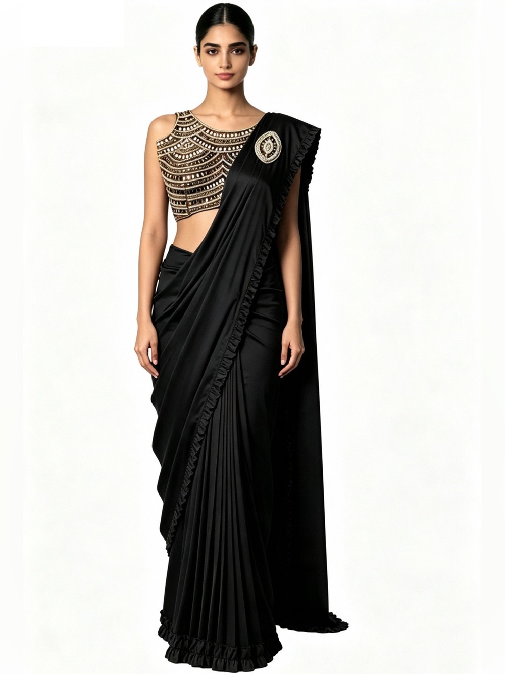 Sleek Black Ready-to-Wear Saree - Pre-Stitched Ruffle Indo-Western Gown